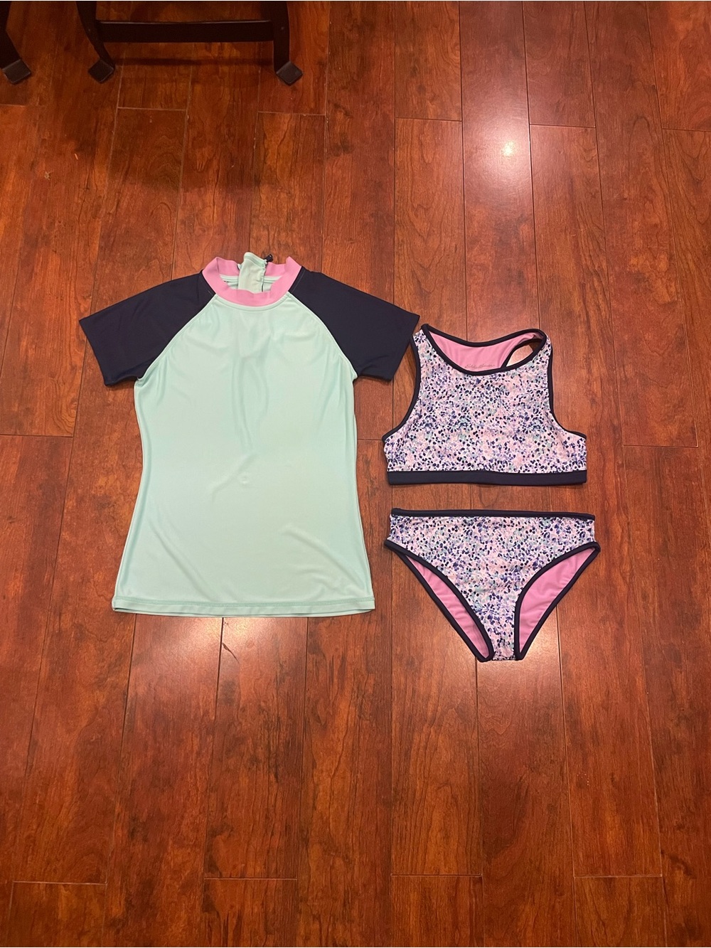 Eddie Bauer Mint, Pink & Navy Girls' Two-Piece Swimsuit Set with Rash Guard